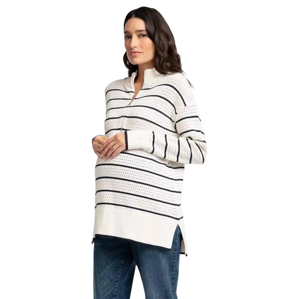 Seraphine White Navy Striped Quarter Zip Cotton Sweater NWT Maternity S